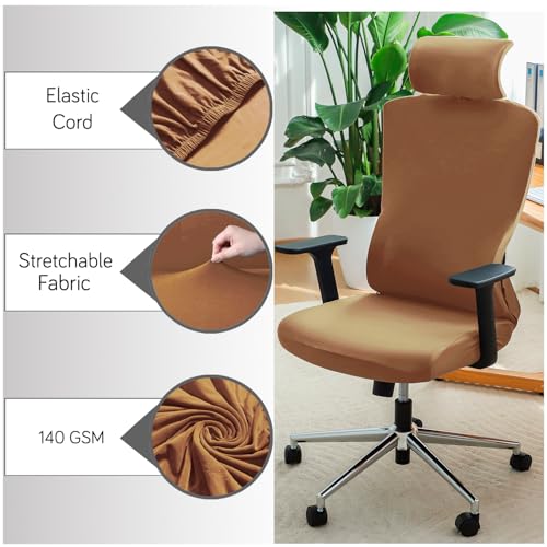 Image of HOKIPO 140 GSM Office Chair Cover with Headrest (High-Back) - 140 GSM Stretch Fabric - Washable, Anti-Slip Fit for Ergonomic Mesh Office Chairs, Caramel Brown (AR-6704-SBRN)