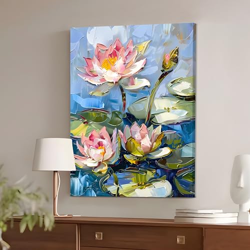 Image of PAINTINGMANTRA Lotus Flower Canvas Wall Art Painting for wall decoration, Lotus Flower Pond Floral Stretched Canvas for Living Room, bedroom, Home and Office, 16x22 Inch