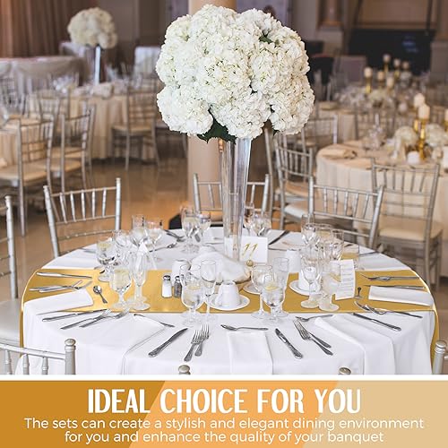 Tudomro 8 Pcs White and Gold Round Plastic Tablecloth and Satin Table Runner Set 84 Inch Round Covers 12 x 108 Inch Table Runners for Wedding Birthday Party Baby Shower Anniversary by Tudomro - Image 6