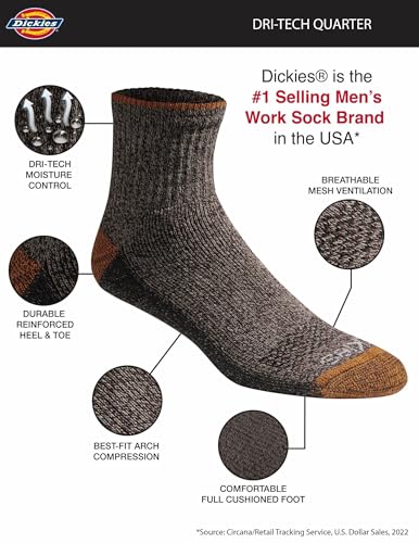 Image of Dickies Men's Dri-Tech Moisture Control Quarter Socks, Available in M-XXL (6, 12, 18 Pairs)