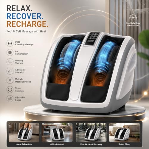 Image of JSB HF04 Leg Massager for Pain Relief in Foot & Calf with Human Hands Like Pressing, Heat, Vibration & Reflexology Rollers (White-Blue)