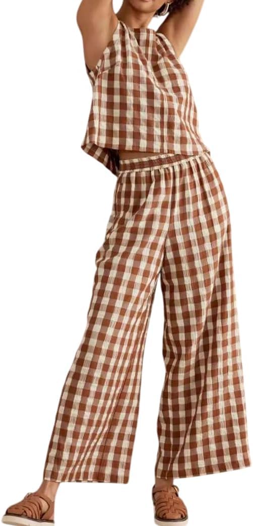 Tenue d'été 2 pièces pour femme, ensemble de salon vichy Y2K, haut sans manches, pantalon à jambes larges, ensemble assorti