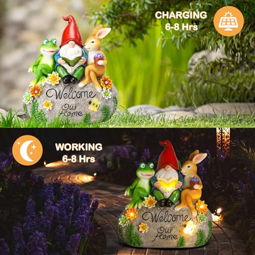 Afirst Solar Garden Outdoor Statues Solar Lawn Decor Frog Rabbit Gnome Reading On Welcome Statue Outdoor Figurines With Solar Lights For Patio Balcony Yard Ornament Outdoor Decor Gift thumb #2