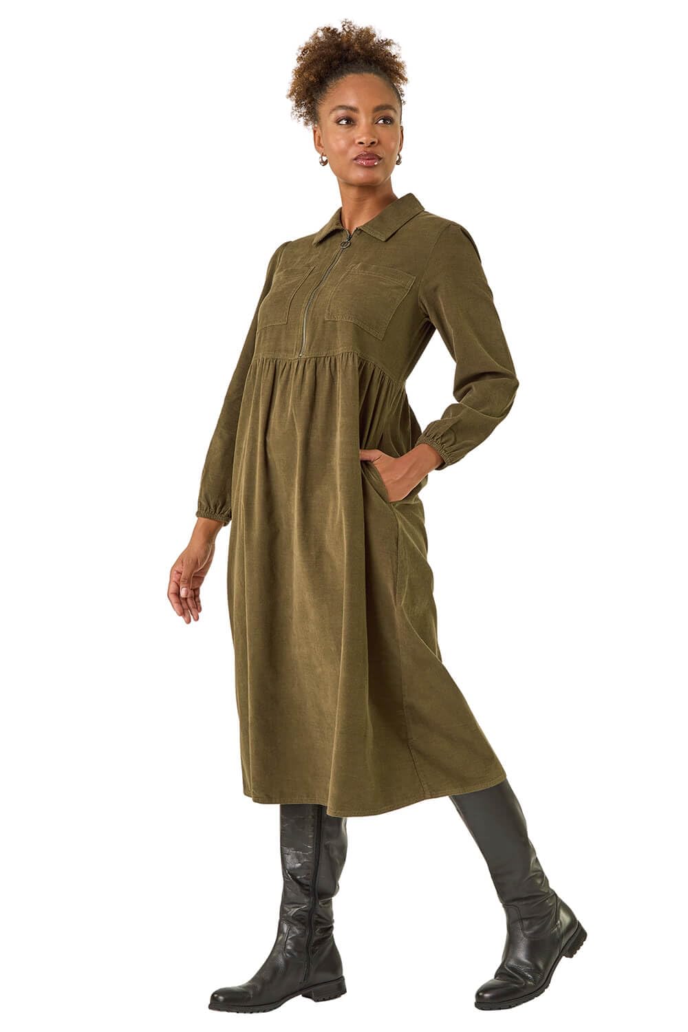 Roman Women's Khaki Corduroy Zip Detail Midi Dress In Size 16