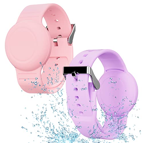 Image of Waterproof Bracelet Compatible with Airtag (1st & 2nd Gen) for Kid, 2 Pack Soft Silicone Hidden Wristband, Lightweight Tracker Watch Band Compatible with Apple Air Tag for Child, Purple & Pink