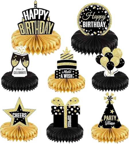 8-Piece Black and Gold Honeycomb Birthday Party Table Decorations Set with 3D Centerpieces for Festive Celebrations