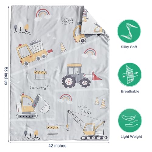 Image of JHXHMX 4 Pieces Toddler Bedding Set for Boys,Excavator Cars Truck Pattern Toddler Comforter Set,Soft Crib Bed Set Including Comforter,Sheets and Pillowcase-Gray