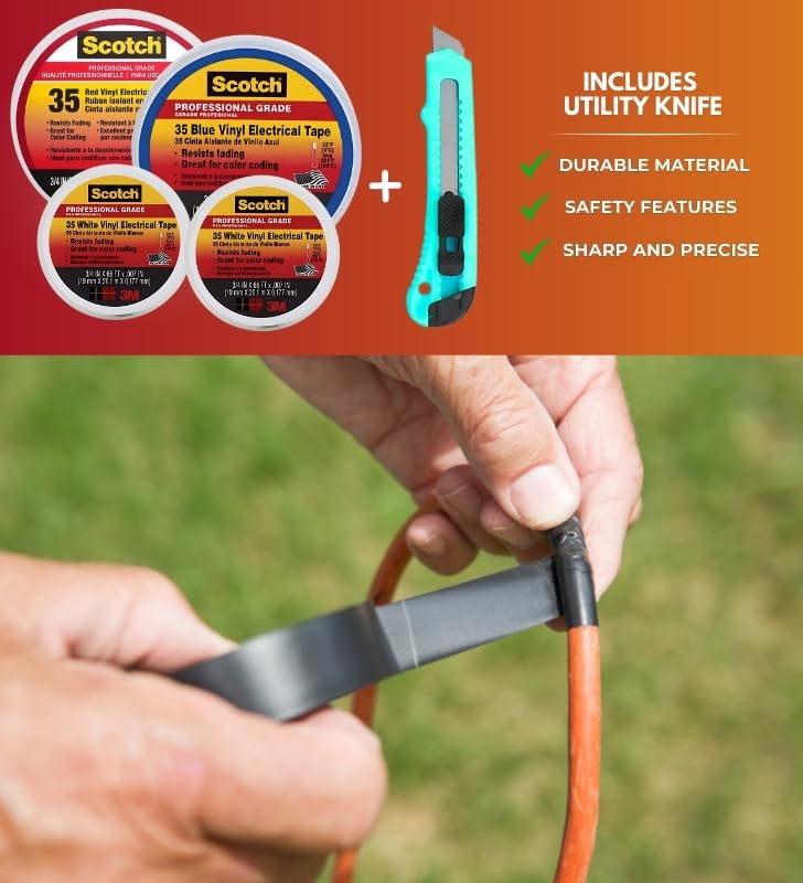 Image of Scotch 3 /4 in. W X 66 ft. L Blue Vinyl Electrical Tape + Red Vinyl Electrical Tape + White Vinyl Electrical Tape Bundle with Utility Knife - Electrical Tape for Color Coding & Insulation - (5 Items)