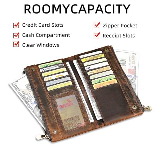 Image of Genuine Crazy Horse Leather Travel Gift Coin Pocket Card Case Long Organizer Chain Rfid Wallet Purse With Snap For Men Male 1803 1815 (1822 Brown)