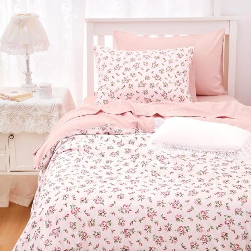 Image of Wake In Cloud - Twin /Twin XL Comforter Set, 3-Piece, Floral Shabby Chic Coquette Cottagecore Flower Light Blush Pink Green, Soft Lightweight College Dorm Bedding for Women Teen Kids Girls