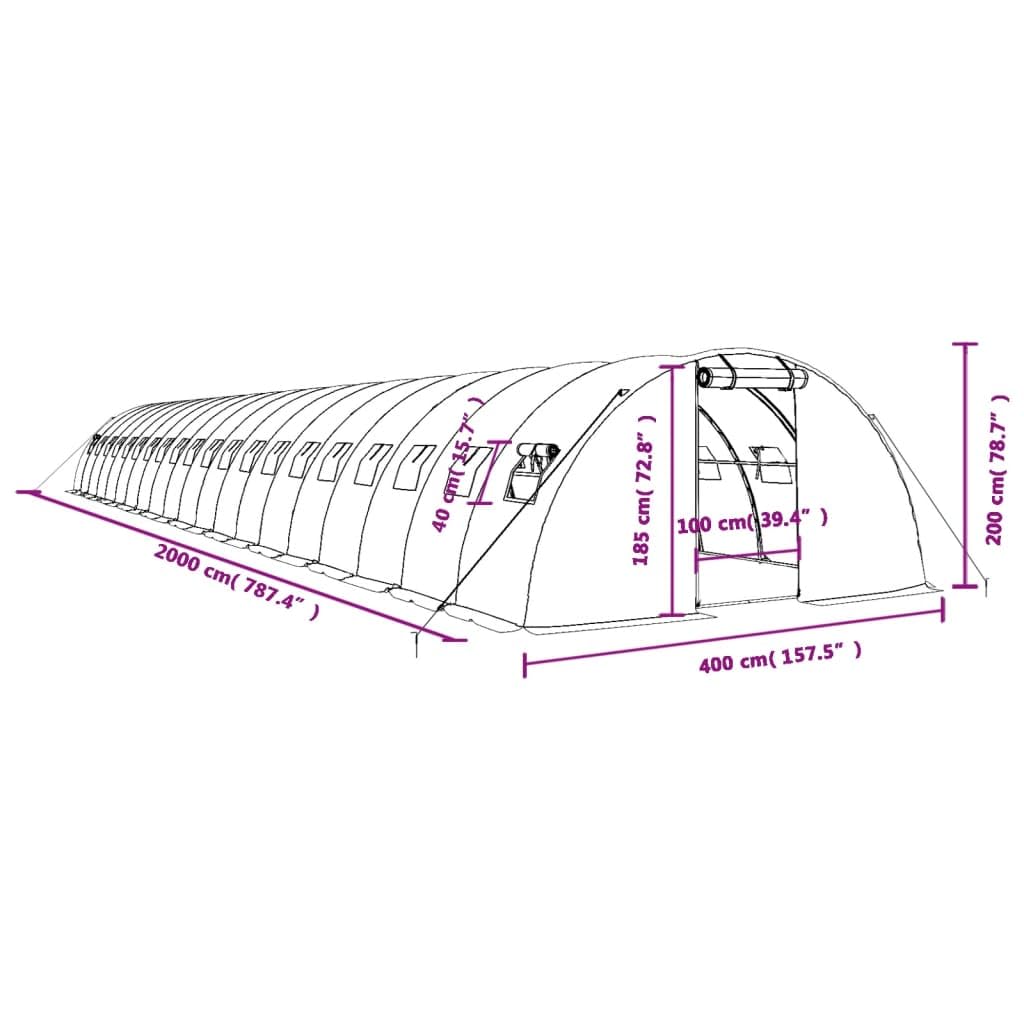Szklarnia ze stalową ramą, biała, 20 x 4 x 2 m, tunel foliowy PE z osłoną 140 g/m², 4 boczne okna z siatki, drzwi z zamkiem błyskawicznym do wysiewu i uprawy