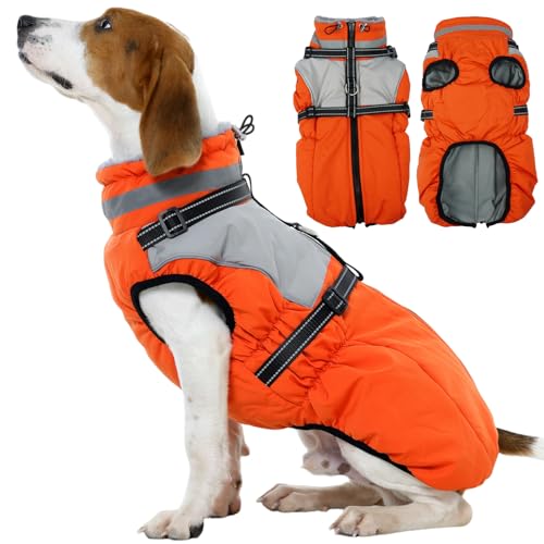 Kuoser Dog Coat, 2 in 1 Dog Jacket with Harness Built in, Winter Waterproof Puppy Puffer Jacket Snowsuit for Small Medium Large Dogs, Cold Weather Reflective Pet Fleece Hunting Vest with Zipper
