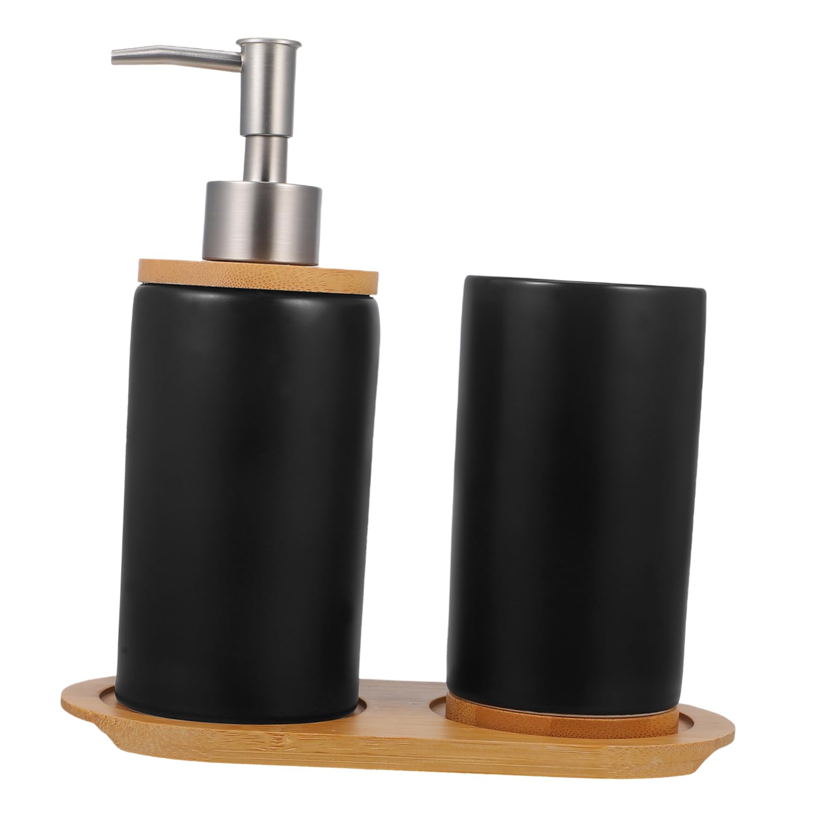 1 Satz Schwarzes Keramik Badezimmer Accessoire Satz mit Bambus | Zahnbürstenhalter und Seifenspender, Becher ca 350ml, Flasche ca 430ml, Schlichtes Klassisches Design