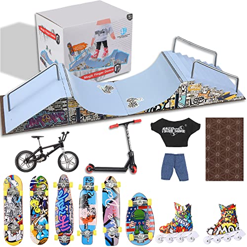 Finger Skateboard Ramp Set,Fingerboard Skate Park Kit with Fingerboard Rail,Finger Scooter,Finger Bike,Finger Clothes and 6 Fingerboards,Skateboard Toys Christmas Birthday Gift for Kids