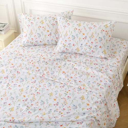 Image of Viviland Floral King Sheet Set - 4 Piece Vintage Botanical Flower and Leaves Patterned Bed Sheets - Soft, Breathable Microfiber Sheets with Deep Pocket, Non-Slip Fitted Sheets & Pillowcases