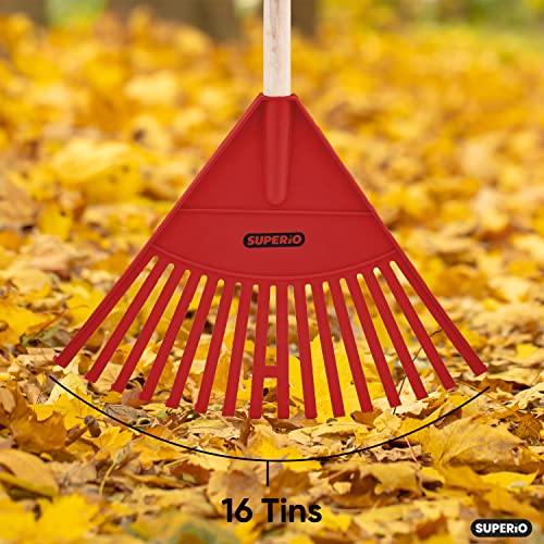 Image of Superio Kids Leaf Rake, 34-Inch Lawn & Garden Rake with Hardwood Handle and Durable Plastic Head, Leaf Cleanup Tool, Red 1 Pack