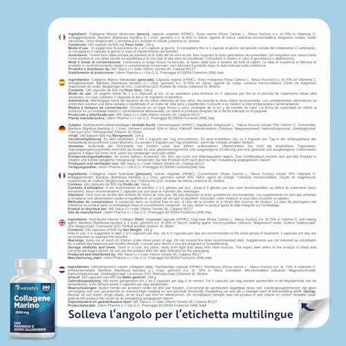 COLLAGENE MARINO con Acido ialuronico - 240 Capsule - 2500mg di Collagene idrolizzato, Integratore con Biotina, Vitamina C, Coenzima Q10 per Pelle, Capelli e Articolazioni - 7