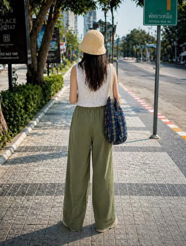 Image of CHICSTIT Women Cotton Wide Leg Trousers | Elastic Waist High Rise Palazzo Pants | Loose Fit /Straight Fit Casual Lounge Pants with Pockets