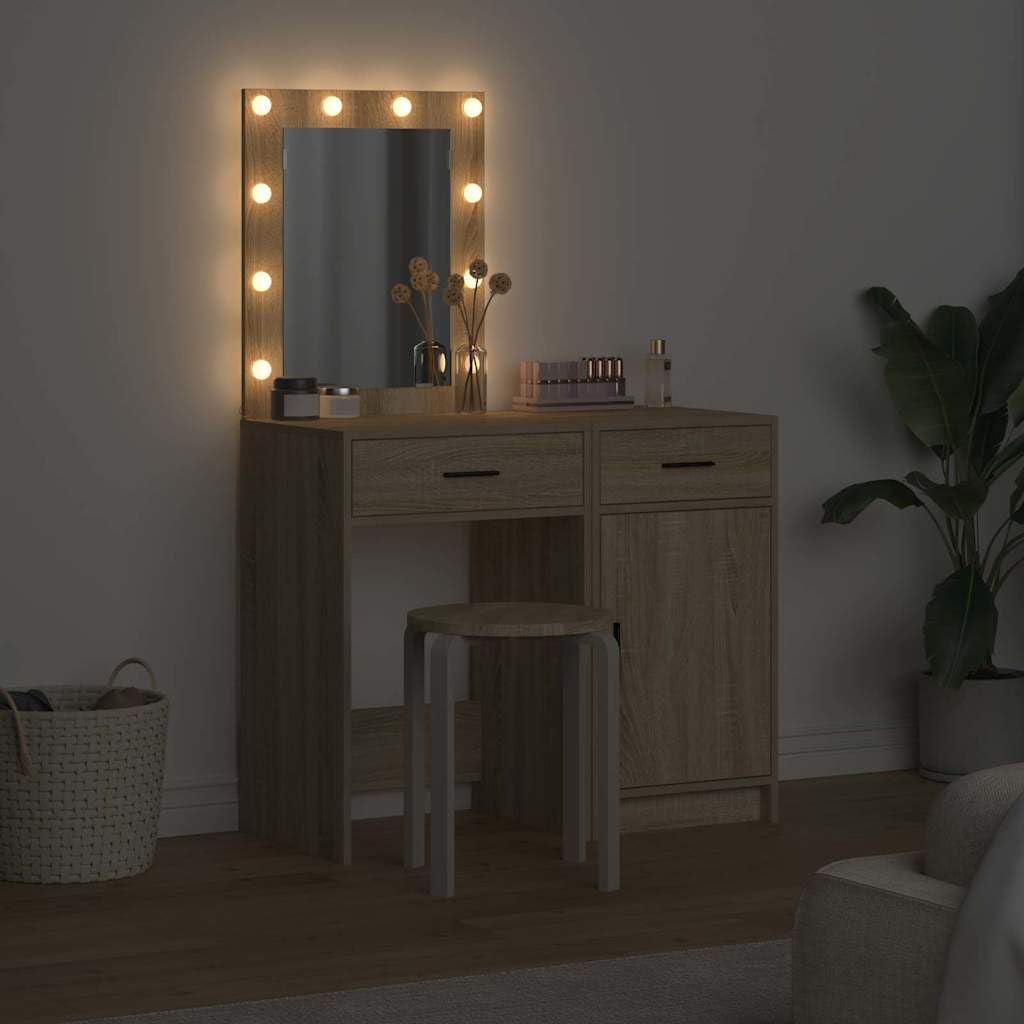 Tocador con puerta marrón de madera 50 x 41 x 135 cm, 2 unidades con iluminación LED, cajón, espacio de almacenamiento para dormitorio, habitación de niña y vestidor