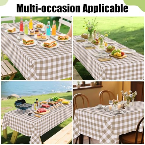 Smiry Rectangle Table Cloth, Waterproof Vinyl Tablecloths with Flannel Backing, Wipeable Buffalo Plaid Table Cover for Picnic, Indoor and Outdoor (Khaki & White, 60\"x84\") - Thumbnail 6