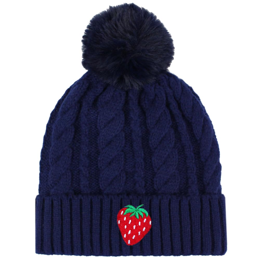 Teddyt's Women's Navy Blue Strawberry Embroidered Luxury Fleece Lined Bobble Hat (Navy Blue)