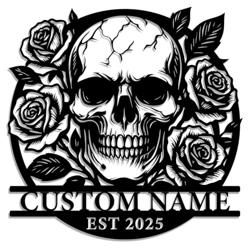 Personalized Skull with Roses Metal Sign – Custom Name Gothic