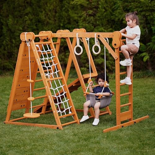 Image of Avenlur 8-in-1 Small Indoor /Outdoor Playset - Foldable Wooden Kids Play Set for Backyard - Kid Playground for Toddlers Age 2-6 with Slide, Monkey Bars, 2 Ladders, 2 Swings, Rock Climbing, Gym Rings