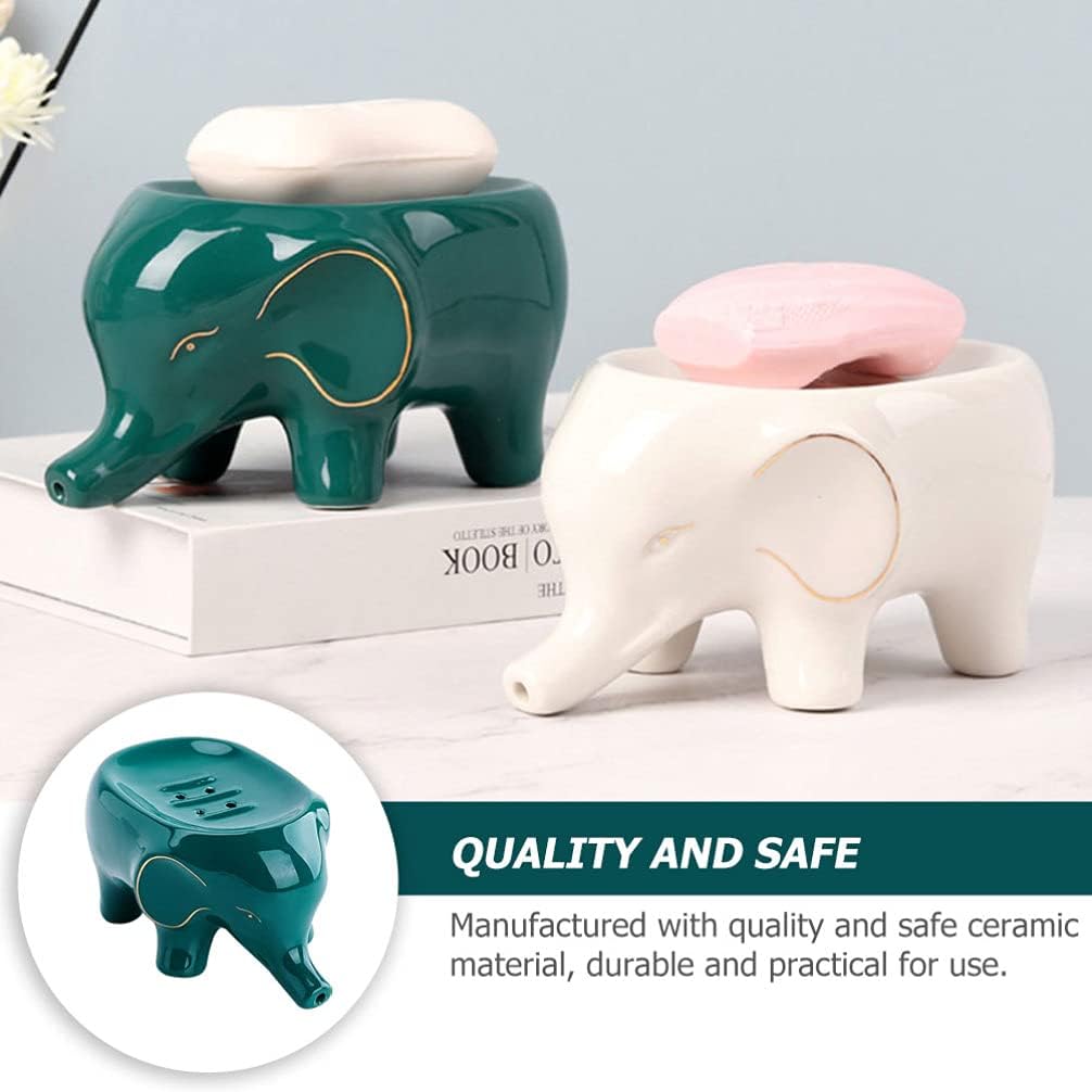 Ceramic Soap Dish Elephant Soap Holder Self Draining Dishes Saver Container Holder for Shower Bar for Bathroom (Green)