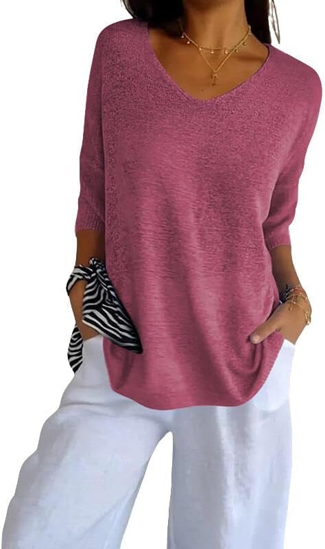Oversized V-Neck Knit Sweater Women 3/4 Length Sleeve Lightweight Casual Loose Soft Pullover Tops Trendy 2025