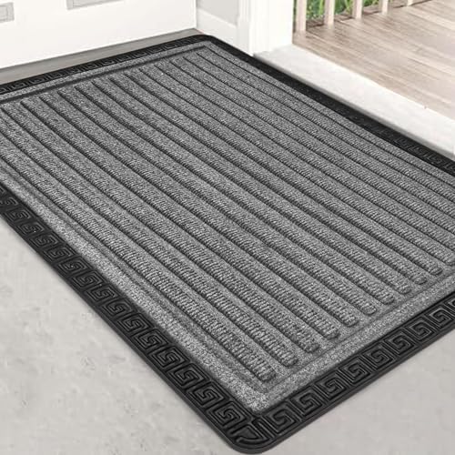 Image of Yellow Weaves Large Size (60x90 cm) Door Mat for Home Entrance, Outdoor Rubber Mat - Non-Slip, Anti Skid Foot Mat, Dirt Trapper, Heavy-Duty, Waterproof Doormat (Stripe Design, Grey Color)
