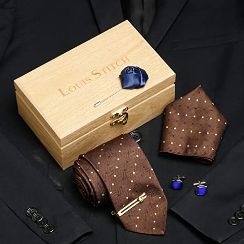Image of LOUIS STITCH Mens Silk NeckTie Golden Tiepin Gift Combo Set With Pocket Square Cufflinks Brooch Tie Golden Tiepin (Suit Accessories) (Britain)