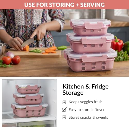 Image of Nestasia Gripso Glass Containers Set of 3 with Silicone Sleeve & Locking Lid (370ml, 600ml, 1000ml), Rectangle Food Storage Containers for Kitchen | Microwave, Dishwasher & Freezer Safe (Mauve)