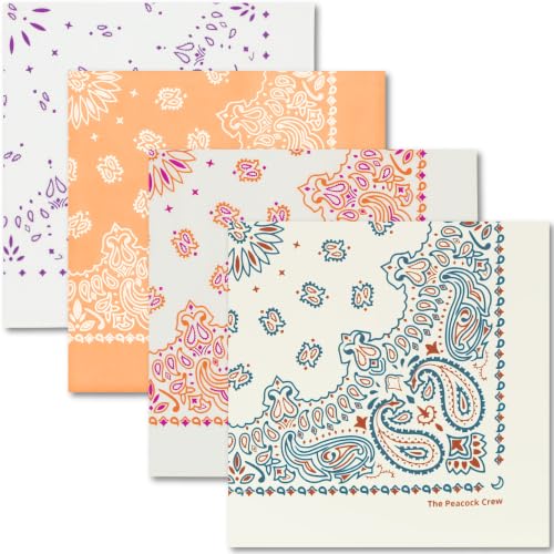 The Peacock Crew Pack of 4 Boho Chic Bandanas in Premium Soft Cotton Paisley Print - The Bohemians