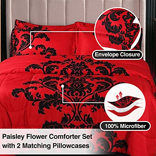 A Nice Night Boho Paisley Black Flower Soft Microfiber Comforter Set, Red Queen Modern Luxury Design Hotel Style All Season Comforter Set With Pillow Cases #TOP3