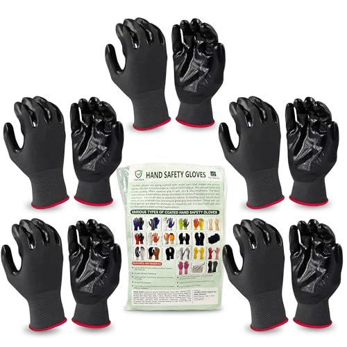 Image of Multipurpose Nylon Nitrile Coating Industrial Work Safety Hand Gloves, Fingers Protection, Useful in Gardening, Mechanical, Construction - Durable & Comfortable (BLACK NYLON 5 PAIR)