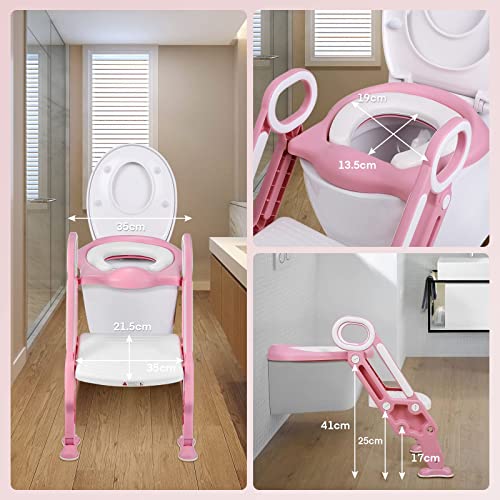 Toilettensitz Kinder mit Treppe, Stabilen Rutschfesten Breiten Pedalen und Weichem PU Kissen, Klappbar Kinder WC Sitz mit Rutschfest Leiter, HöHenverstellbar 38-42cm Rose - Image 6