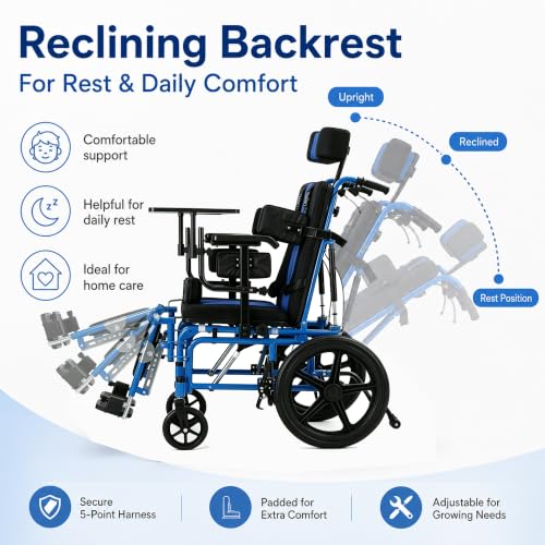 Image of Full Reclining Pediatric Wheelchair - Heavy Duty Folding Kids Wheelchair with Headrest, Meal Tray & Elevating Footrest, Medical Mobility Chair for Home, Travel & Rehabilitation (Blue)
