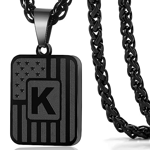 DuoDiner Initial K Necklace for Men Boys Kids, American Flag Letter K Pendent Chain, Stainless Steel Dog Tag Country Military Necklace Jewelry Gifts (Black) Christmas