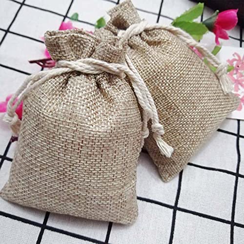 QiaoJun Worki Hessian, torby ze sznurkiem, 100 szt. jutowe torby na prezenty 7 x 9 x 12 10 x 14 cm, naturalne jutowe torebki na biżuterię, opakowanie na biżuterię, torby ślubne (1 opakowanie 1) 2)