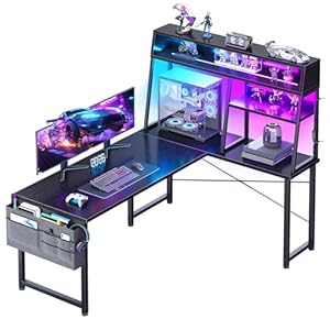 AODK L Shaped Gaming Desk with Led Lights, 51 Inch Reversible Gaming Computer Desk with Display Shelves, PC Gamer Desk Gamer Table with Storage Bag, L Desk for Game, Black