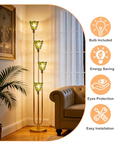 Image of Lightdot Glass Floor Lamp Dimmable 4-Lights Gold with Green Glass Shade 3000K Bulbs Included Mid Century Modern Standing Tall Lamp with 5Lbs Heavy Base for Living Room /Bedroom /Sofa Beside /Corner Decor
