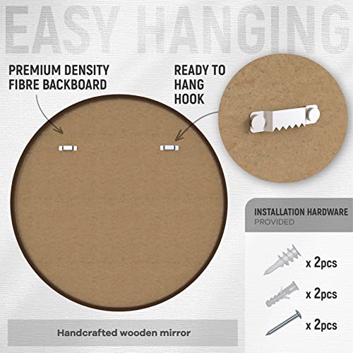 Emi Home Round Wood Mirror, 30 Inch Diameter Circle Mirror Wood Frame With Two Picture Frames 5X7, Wood Frame Vanity Mirror, Round Wooden Mirror Decor Foyer Living Room, Walnut Woodgrain Finish #TOP7
