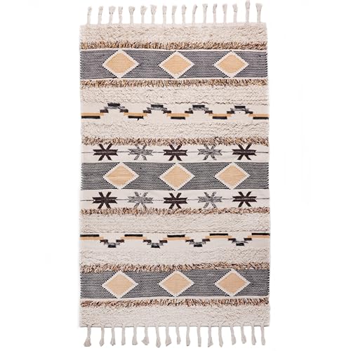 Image of Decazone Boho Washable Rug 4' x 6', Multicolor Cotton Farmhouse Living Room Rugs, Hand Woven Tribal Bohemian Bedroom Rug, Geometric Tufted Floor Carpet for Nursery Entryway Kitchen Patio
