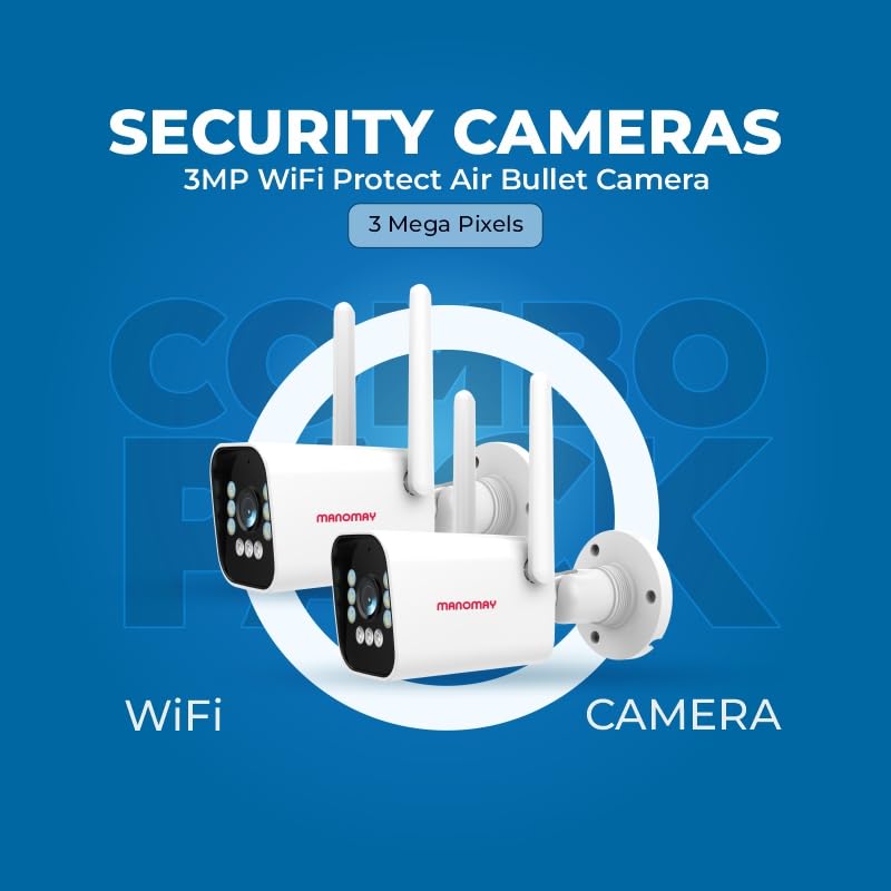 Image of MANOMAY Protect Air 3MP WiFi Bullet Security Camera Pack of 2 BIS-ER STQC Certified,10X Digital Zoom, Color Night Vision, AI Human Detection,2-Way Audio, IP66 Waterproof,256GB Memory Card Support