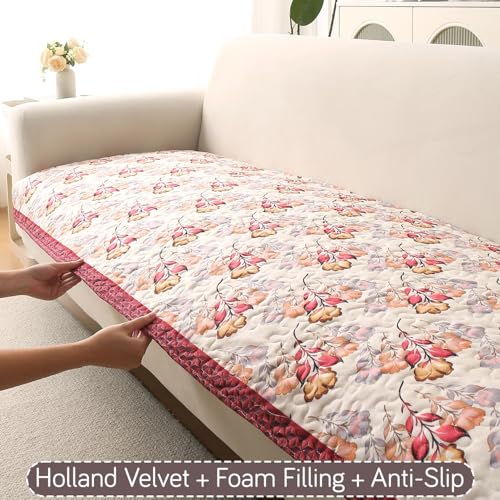Image of HOKIPO 'Florentina Series' Premium Holland Velvet 5 Seater Sofa Cover Mat in 3+1+1 Configuration with Foam Filling for Extra Softness, Anti-Slip Backing, Autumn Cream (IN-881+878 * 2-V3)