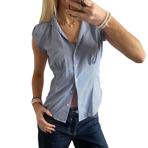 Image of Y2k Girls Vintage Coquette Button Down Shirt Women Short Sleeve V-Neck Slim Fitted T-Shirt Cute Blouse Crop Top