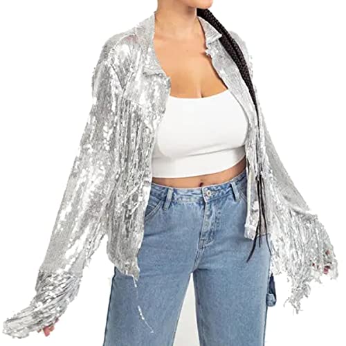 Sequin Fringe Jacket Tinsel Jacket Disco Theme Country Concert Rave Festival Outfits for Women
