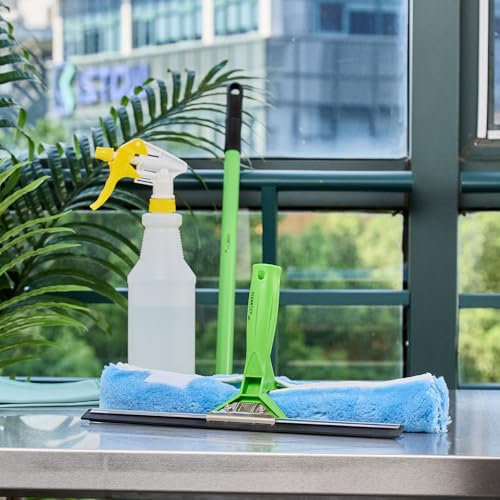 Image of Restaurantware-Clean Tek Professional 2-in-1 Squeegee and Window Scrubber, 1 Dual Head Window Cleaner - Includes T-Bar Handle, Removable and Machine Washable Washer, Blue Plastic Squeegee for Glass