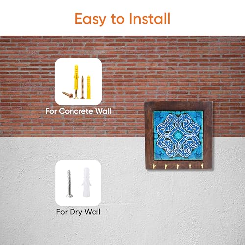 Image of AAKRITI ART CREATIONS Key Holder, Blue Daisy Handcrafted Key Holder Panel | Rustic Ceramic & Wood Wall Organizer with 5 Hooks | New Home Gifts | Multifunctional Entryway Decor.