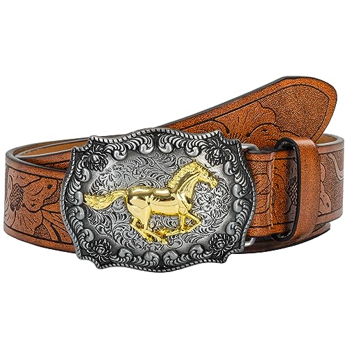 Rodeo Cowboy Western Belt for Men – Vintage Bull Head Buckle Distressed Genuine Leather Fits 25